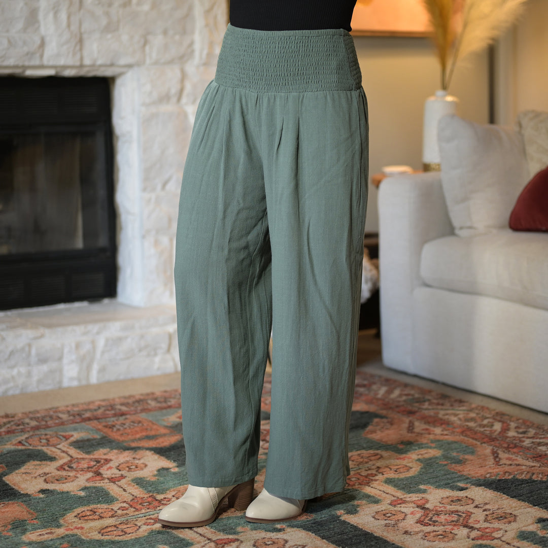 Smocked Waist Linen Pants