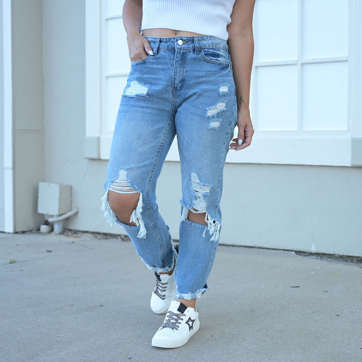 High Rise Distressed Crop Straight Rigid Jeans