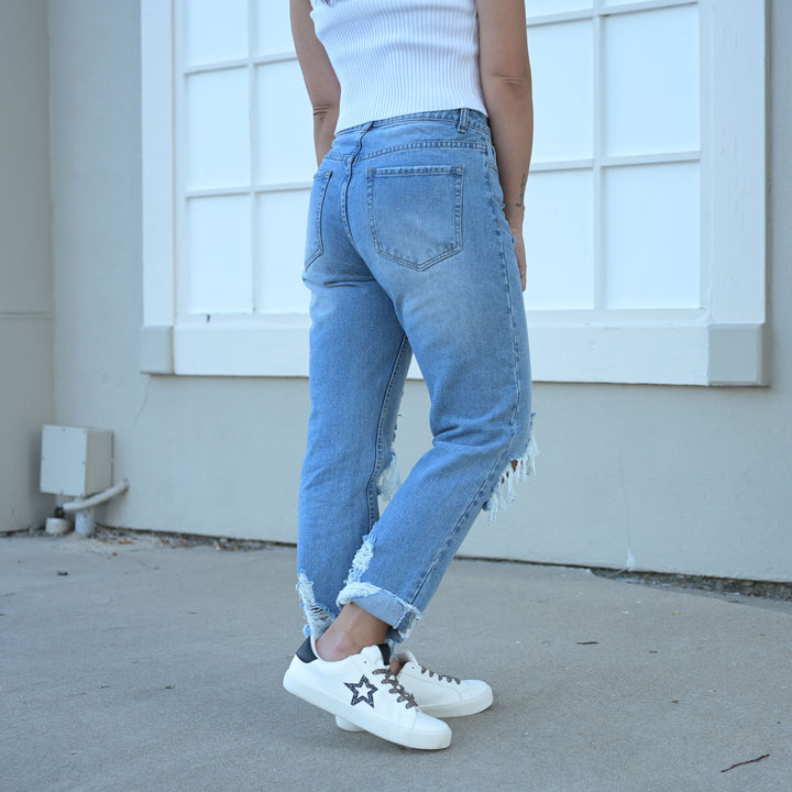 High Rise Distressed Crop Straight Rigid Jeans