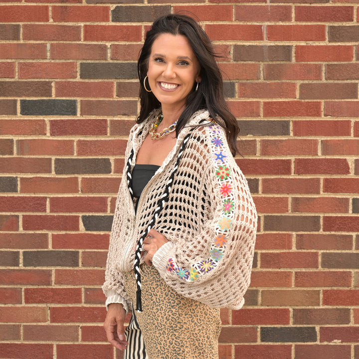 Granny Square Sleeve Hoodie Sweater