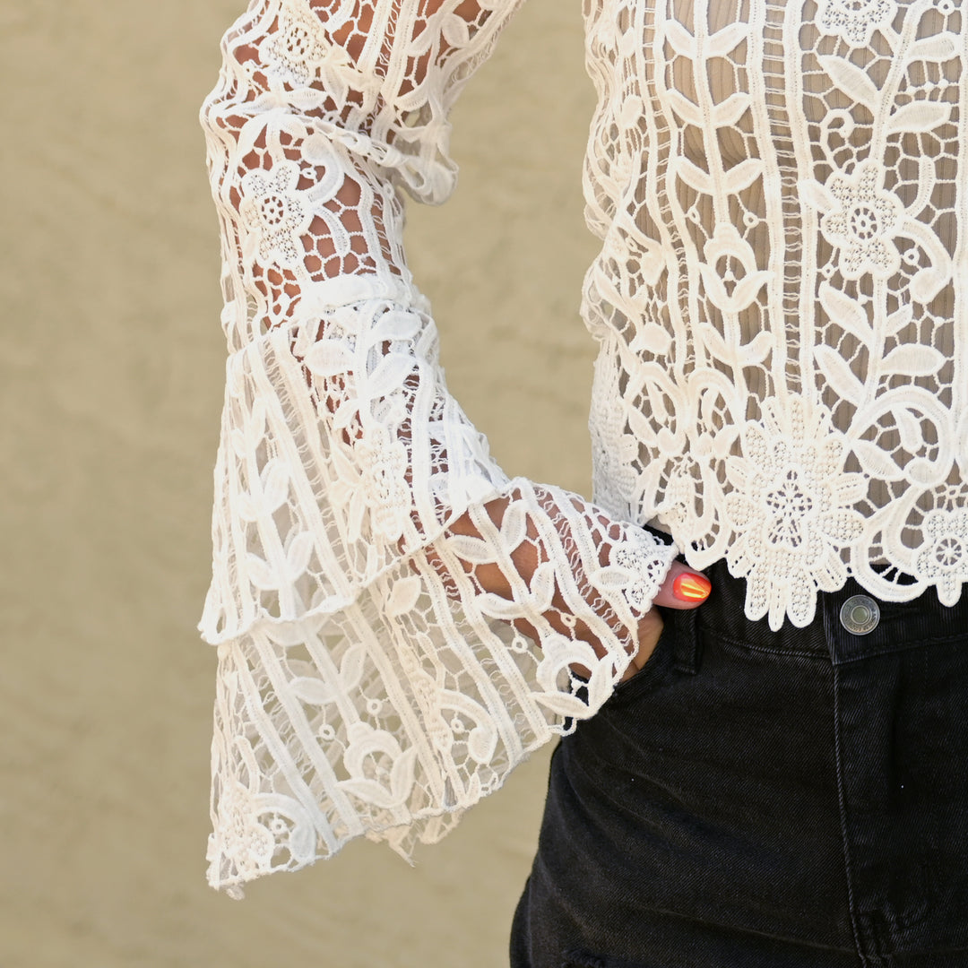 V-Neck Crochet Blouse with Bell Sleeves