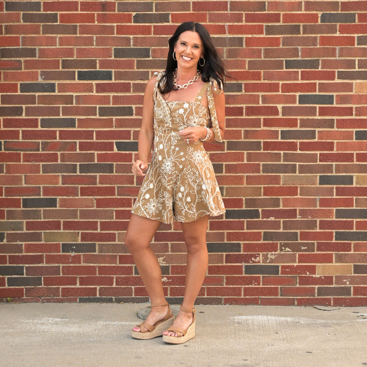 Floral Embroidered Tie Strap Romper