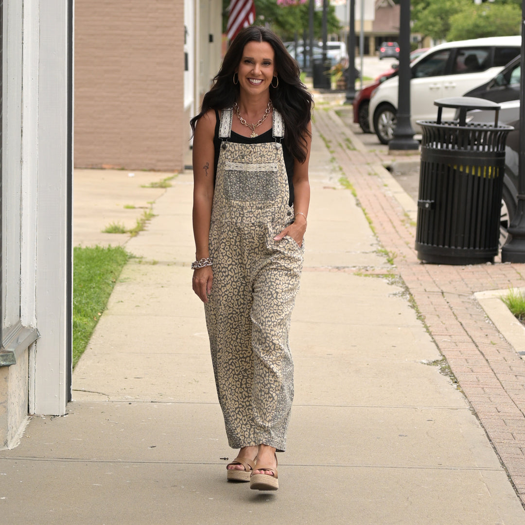 Leopard Print Twill Overalls