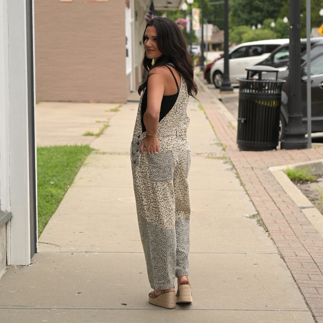 Leopard Print Twill Overalls