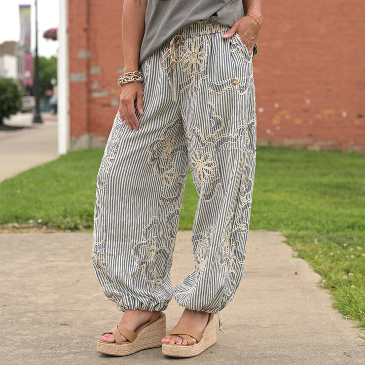 Embroidered Stripe Pants