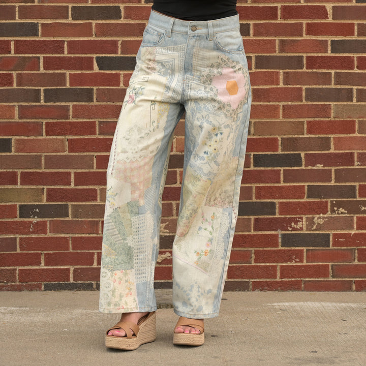 Printed Patchwork Denim Pants