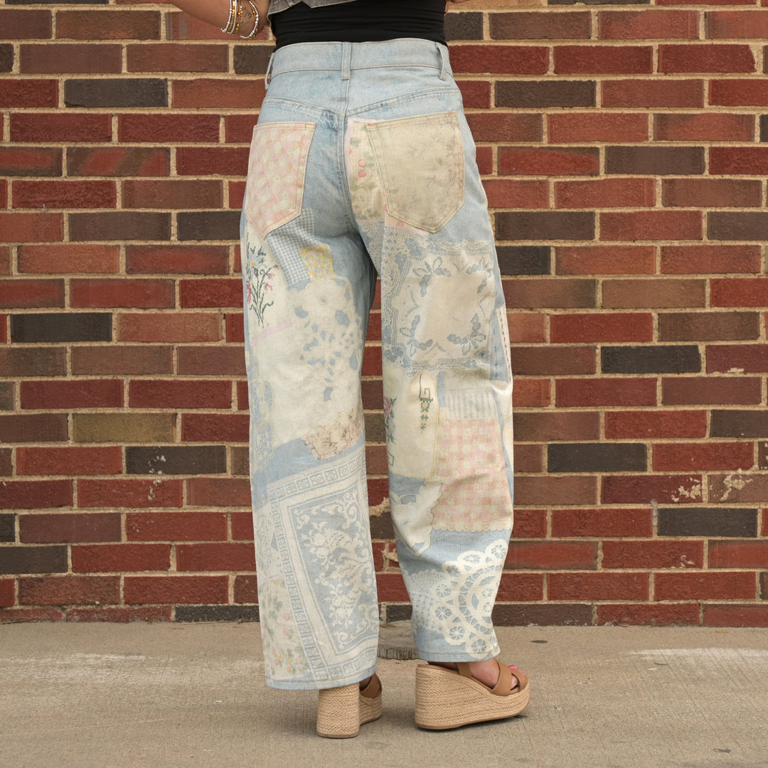 Printed Patchwork Denim Pants