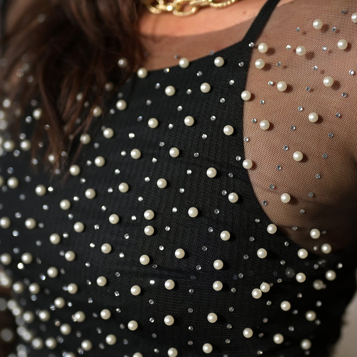 Rhinestone Faux Pearl Mesh Top